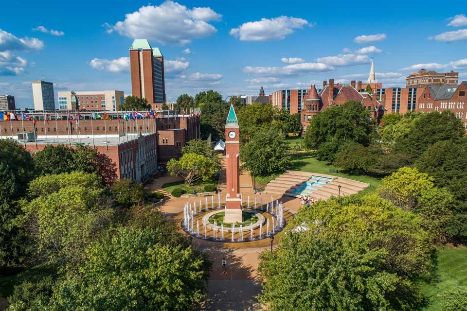 Aerial view of 博彩网址大全 campus, centered on the clock tower